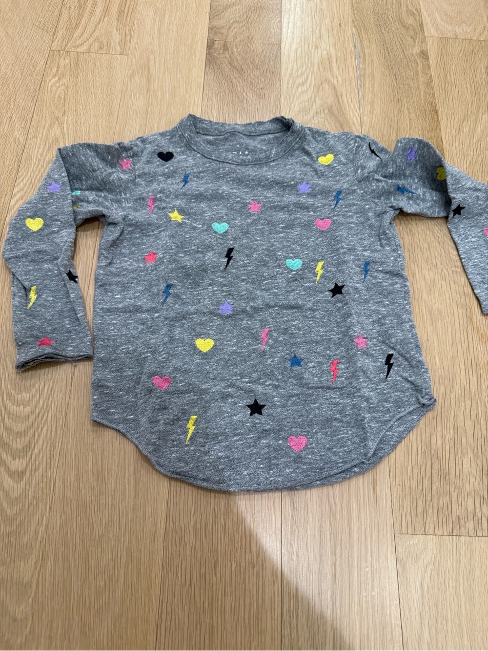 Chaser Gray Long-Sleeve Top with Multicolored embroidered Hearts & Lightning six